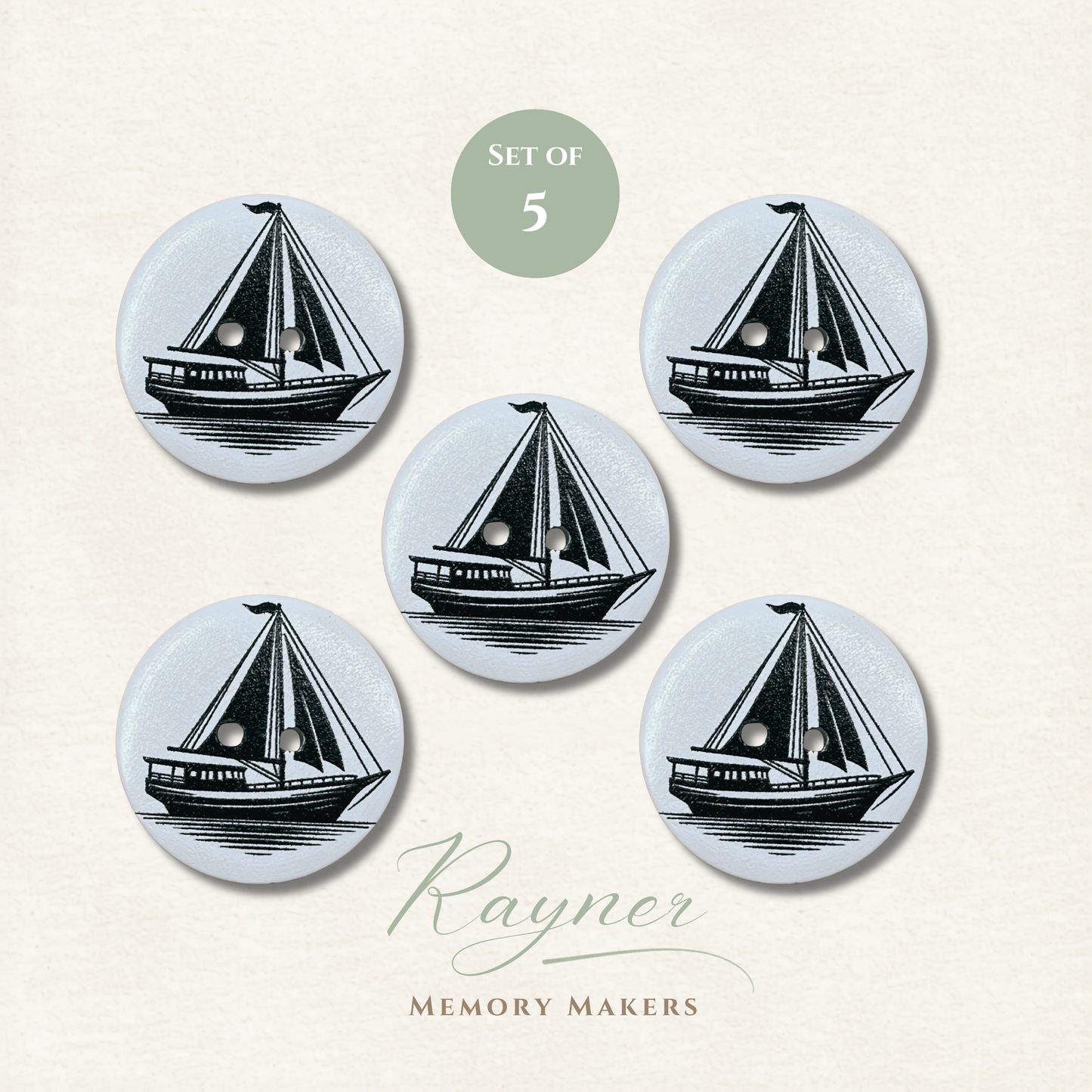 Sailboat Wooden Sewing Buttons - Pack of 5