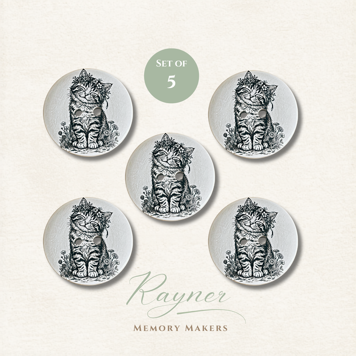Cat Wooden Sewing Buttons - Pack of 5