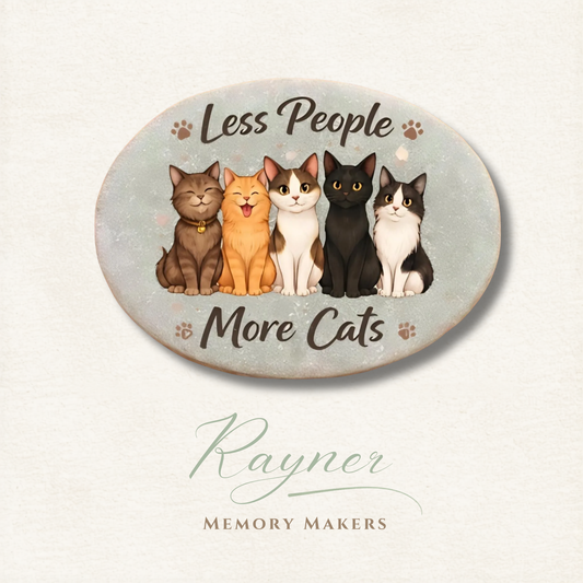 Round coaster with cartoon cats and text 'Less People, More Cats' on a light background