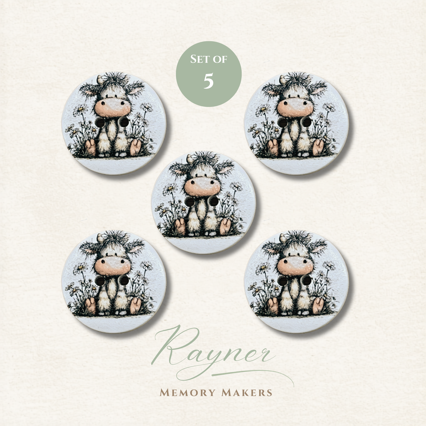 Cow Wooden Sewing Buttons - Pack of 5