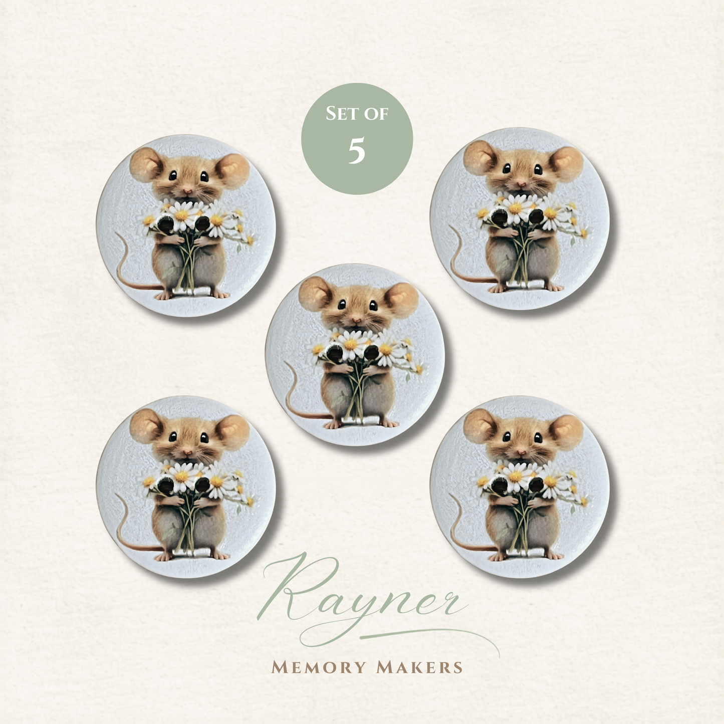 Mouse Wooden Sewing Buttons - Pack of 5