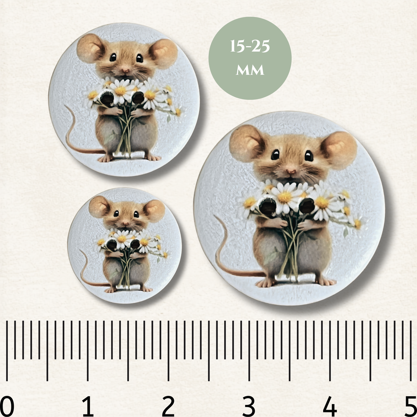 Mouse Wooden Sewing Buttons - Pack of 5