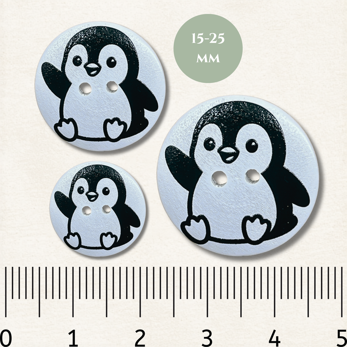 Penguin Wooden Sewing Buttons - Pack of 5