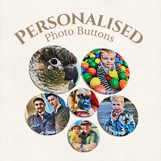 Collection of personalised photo buttons featuring a parrot, a child in a ball pit, and various people.