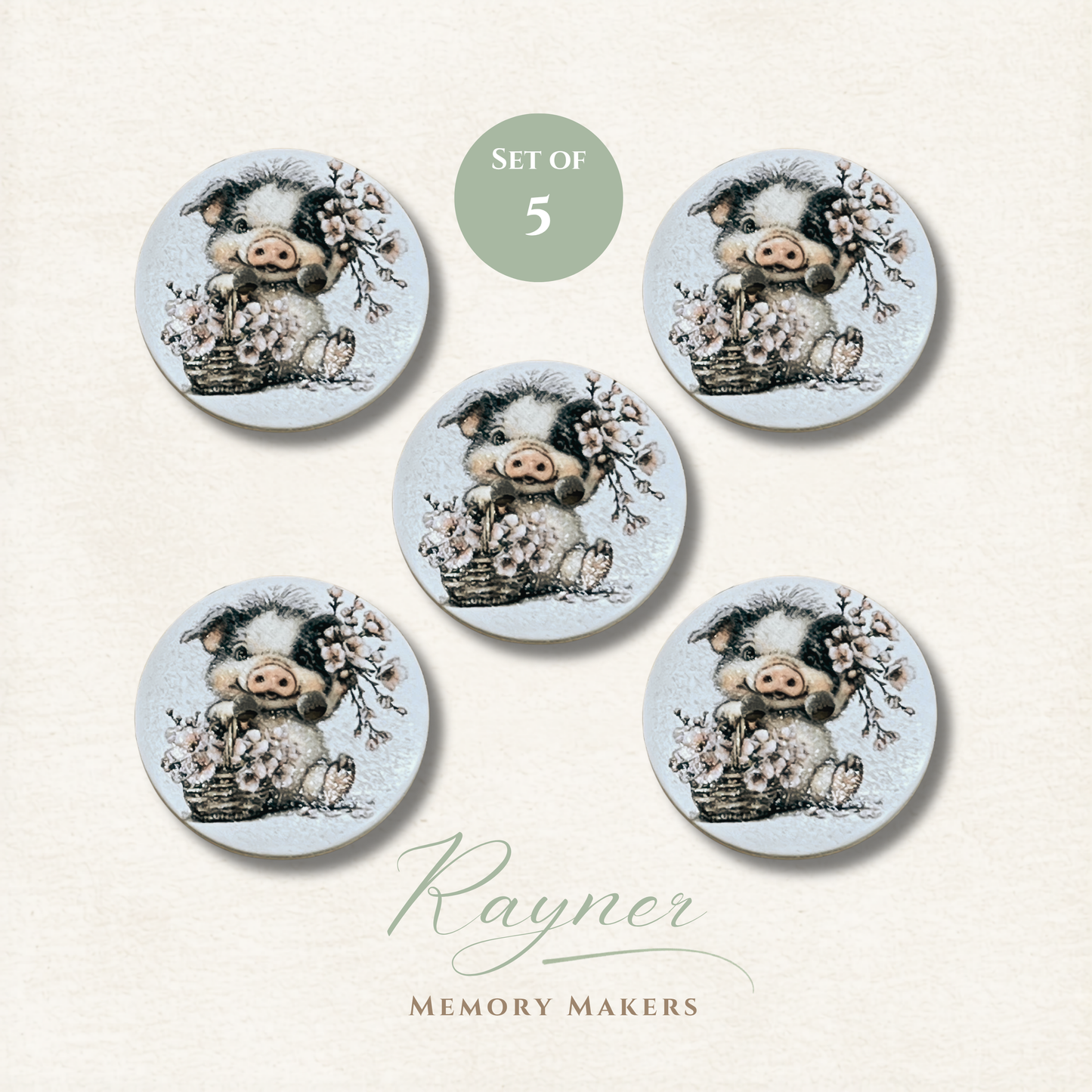 Pig Wooden Sewing Buttons - Pack of 5