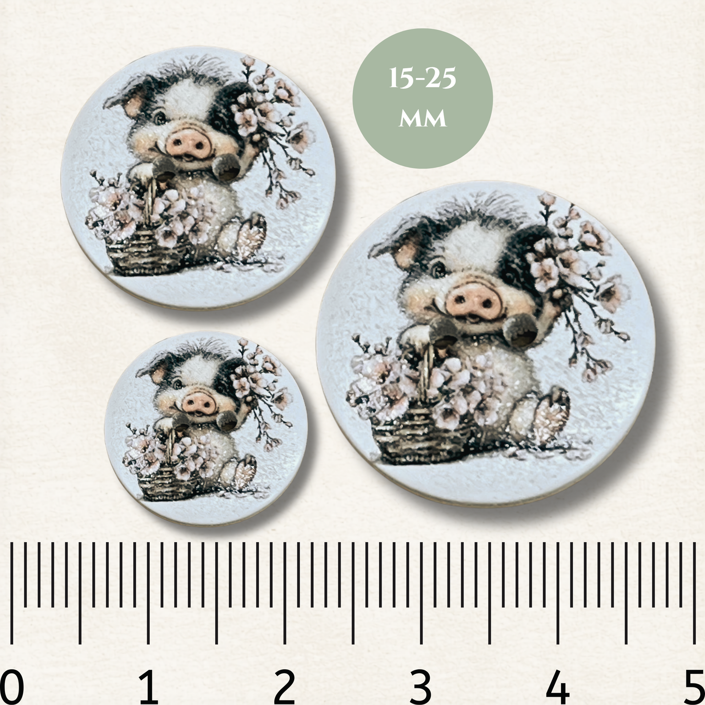 Pig Wooden Sewing Buttons - Pack of 5