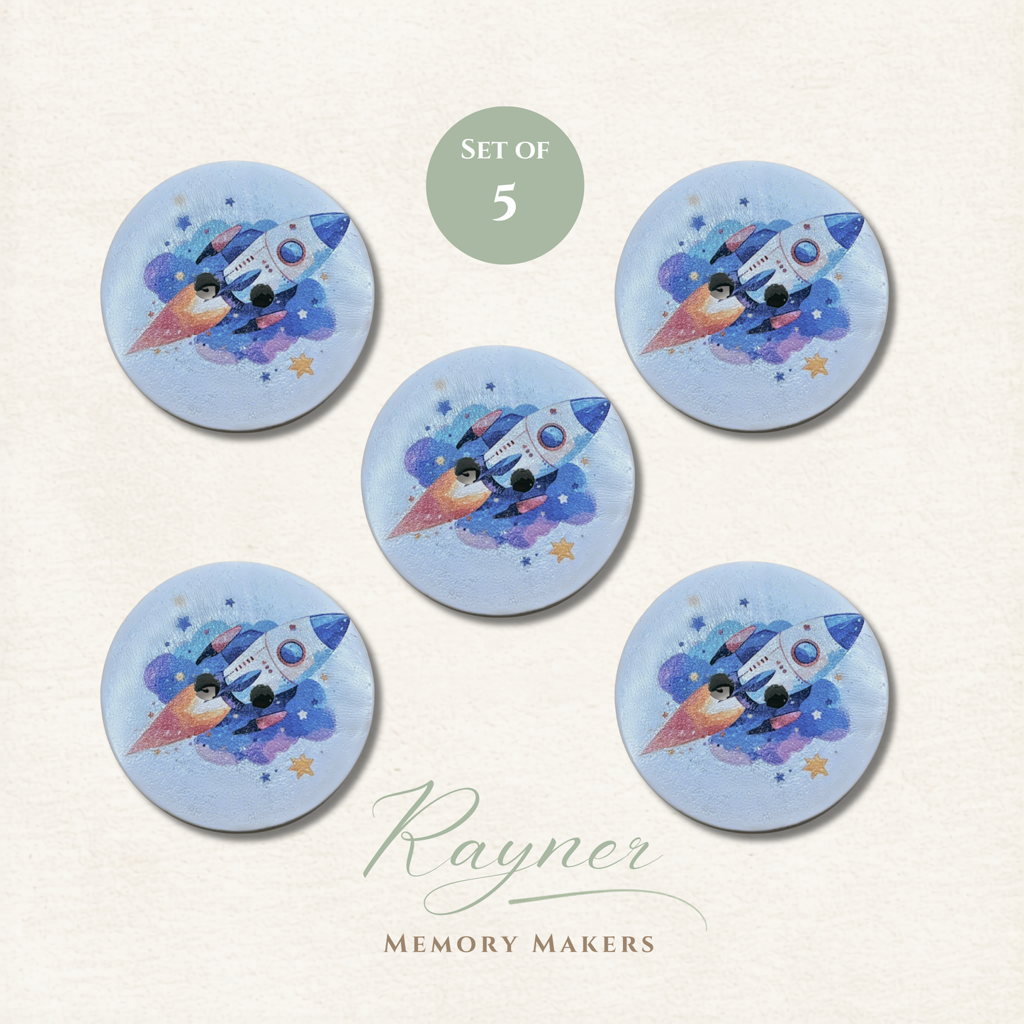 Rocket Ship Wooden Sewing Buttons - Pack of 5