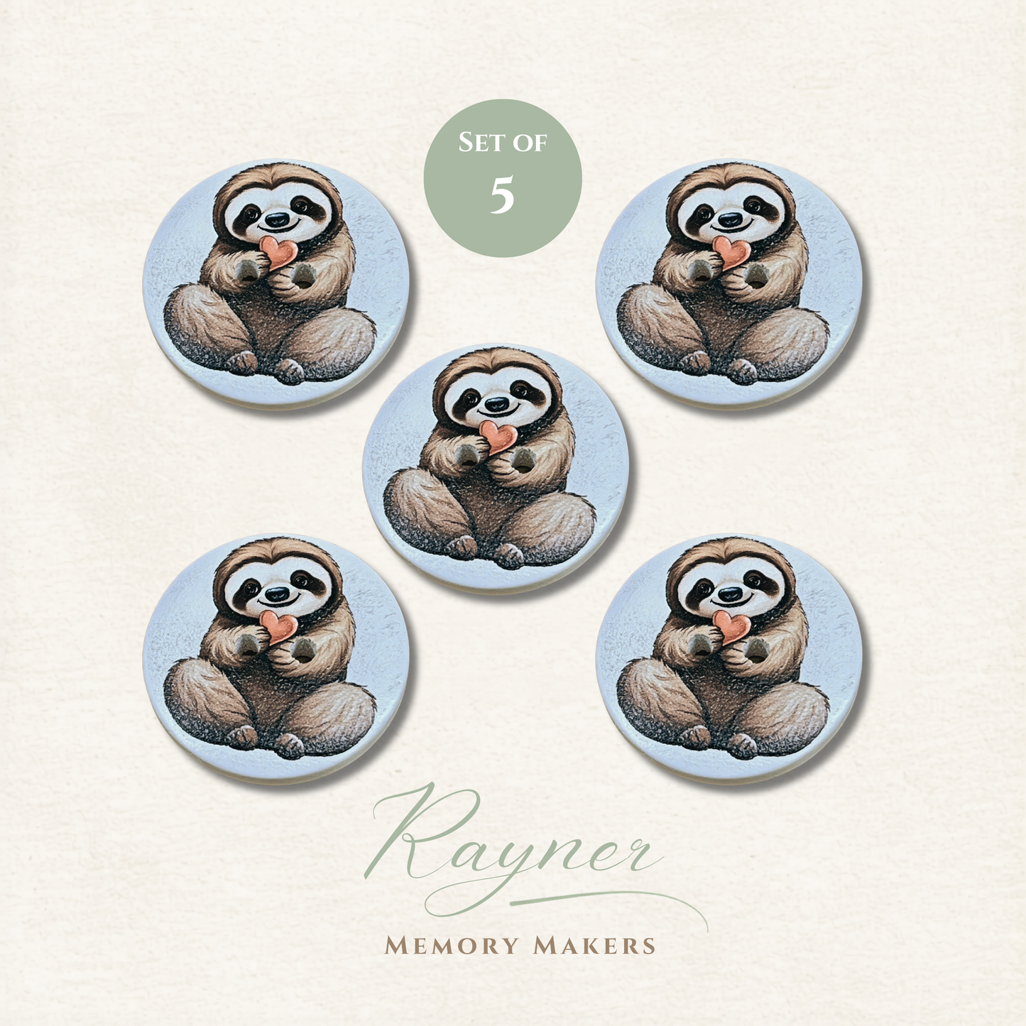 Sloth Wooden Sewing Buttons - Pack of 5
