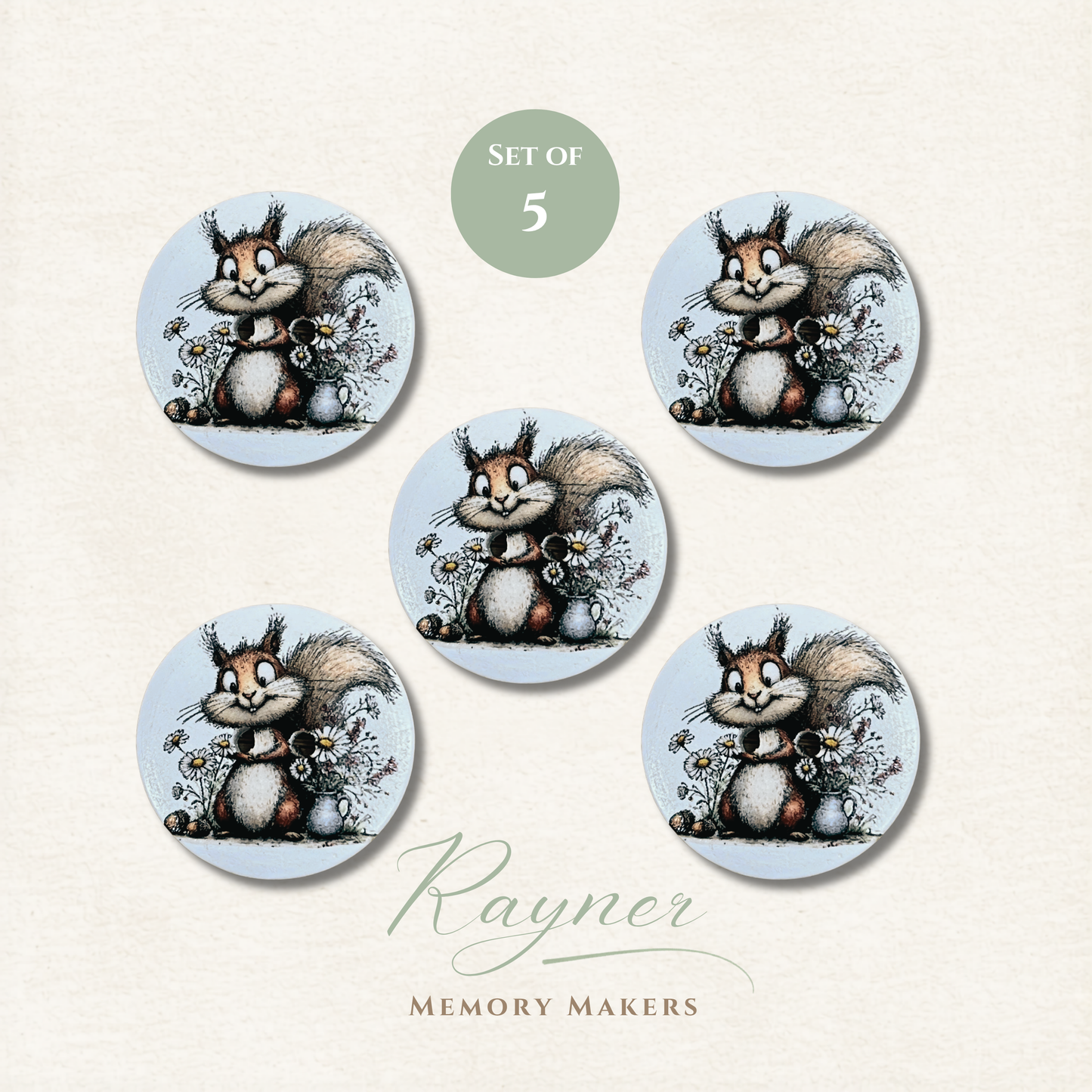 Squirrel Wooden Sewing Buttons - Pack of 5