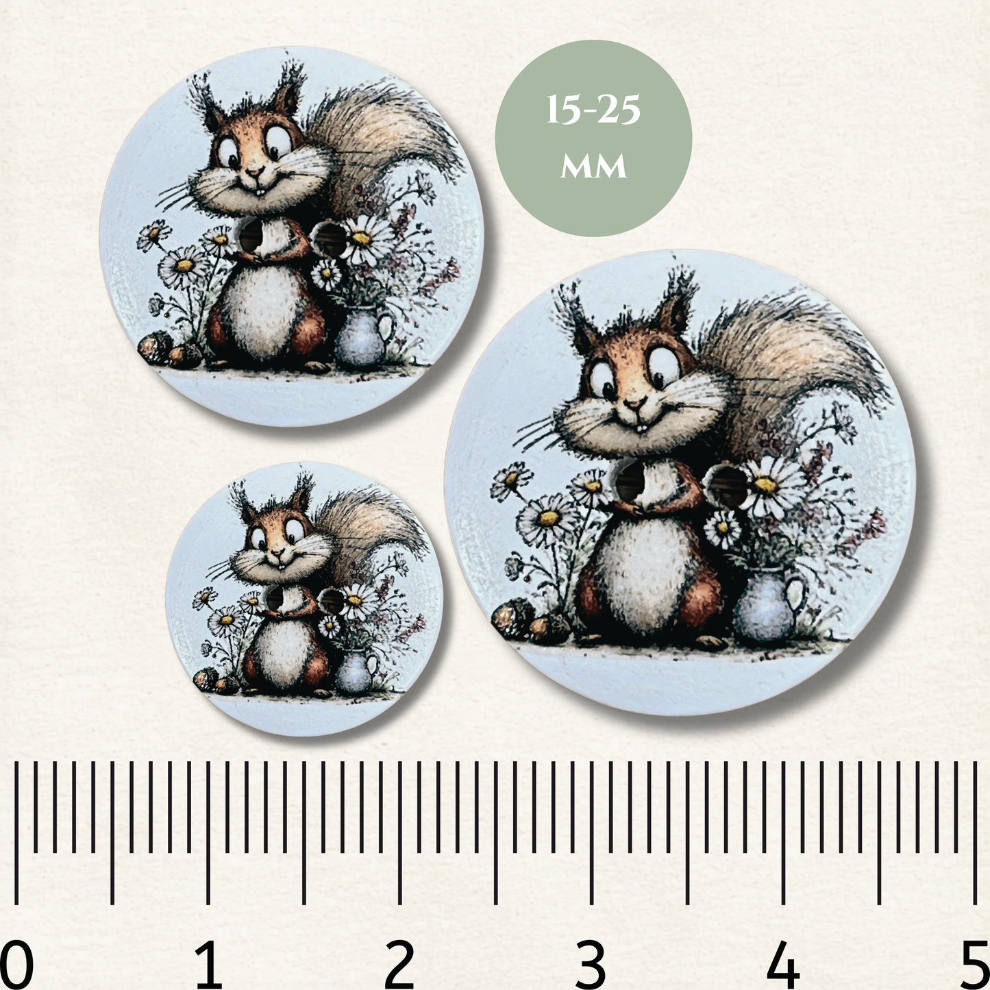 Squirrel Wooden Sewing Buttons - Pack of 5