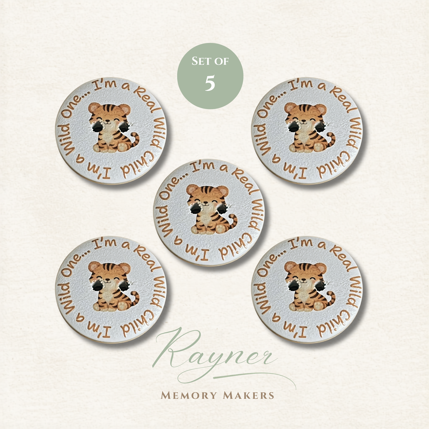 Tiger Wooden Sewing Buttons - Pack of 5