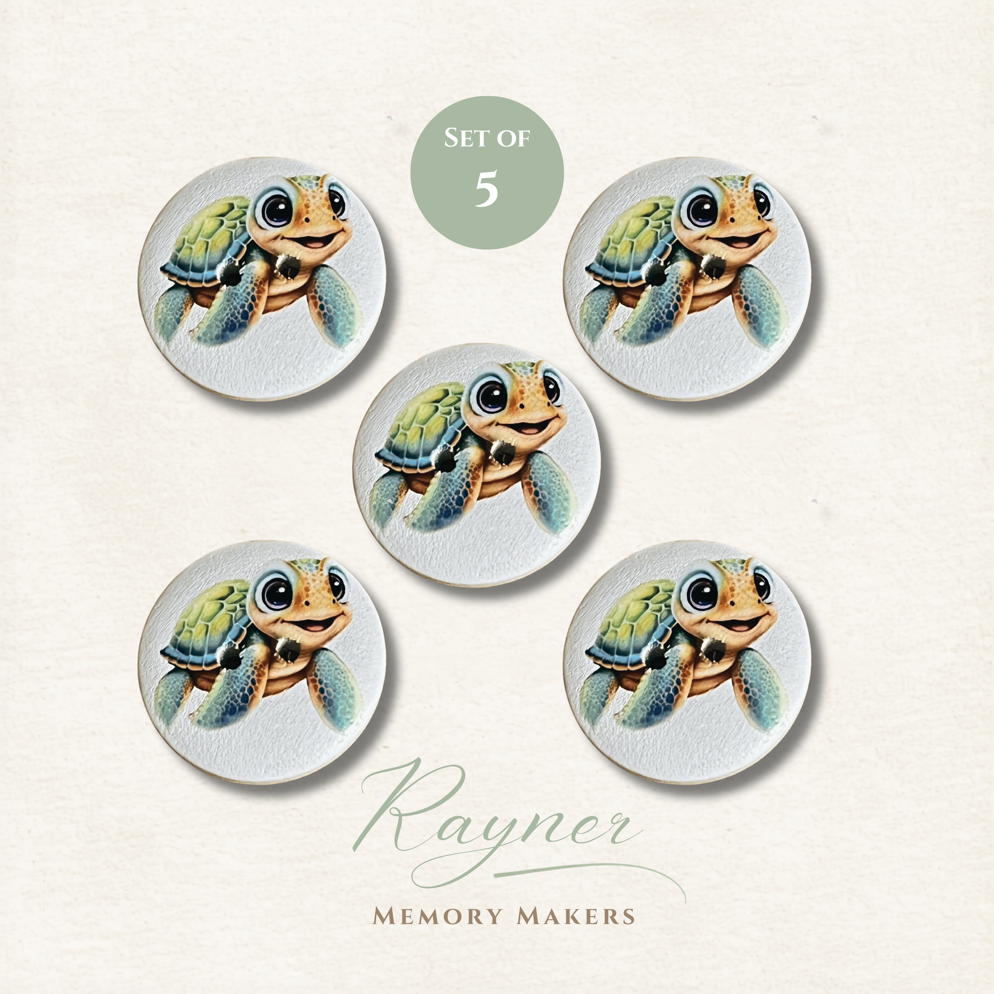Set of 5 cartoon turtle sewing buttons with 'Rayner Memory Makers' branding on a light background.