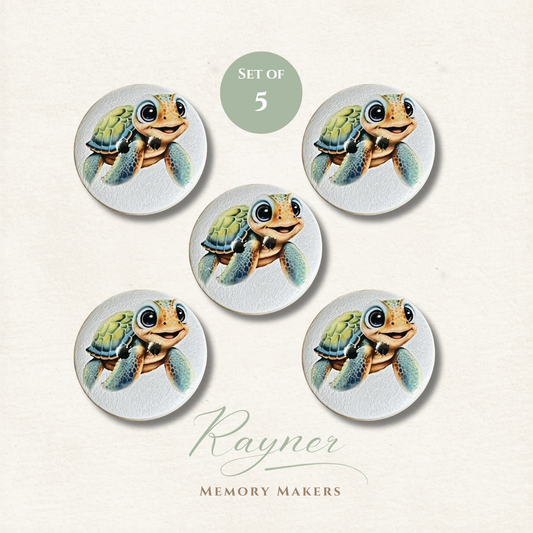 Set of 5 cartoon turtle sewing buttons with 'Rayner Memory Makers' branding on a light background.
