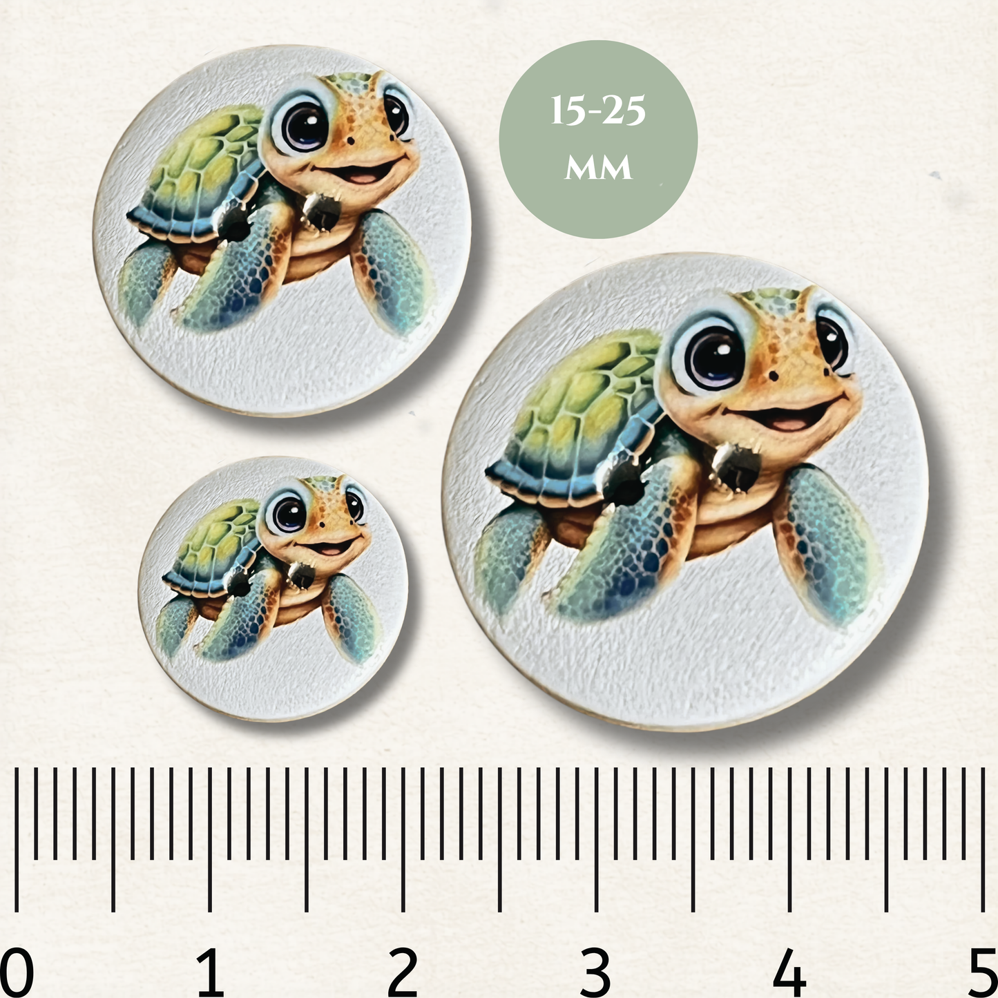 Three cartoon turtle buttons with a size measurement label on a white background