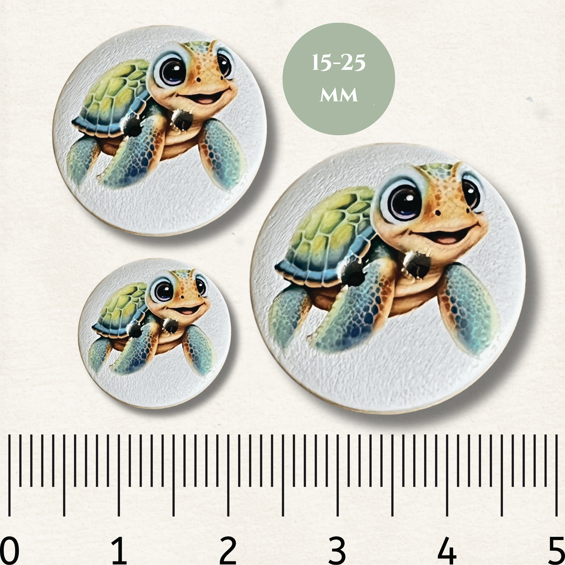 Three cartoon turtle buttons with a size measurement label on a white background