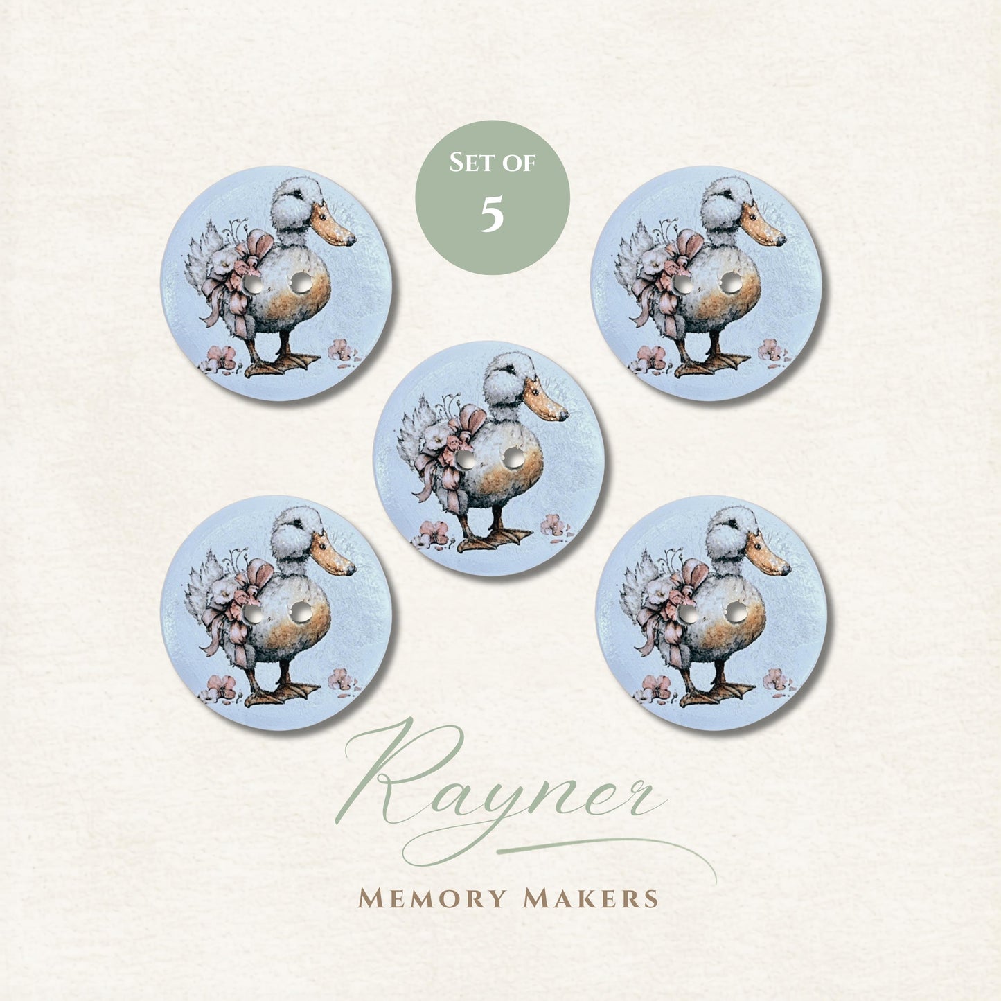 Duck - Bird - Flowers - Wooden Sewing Buttons - Knitting - Personalised Wood Button - Pack of 5