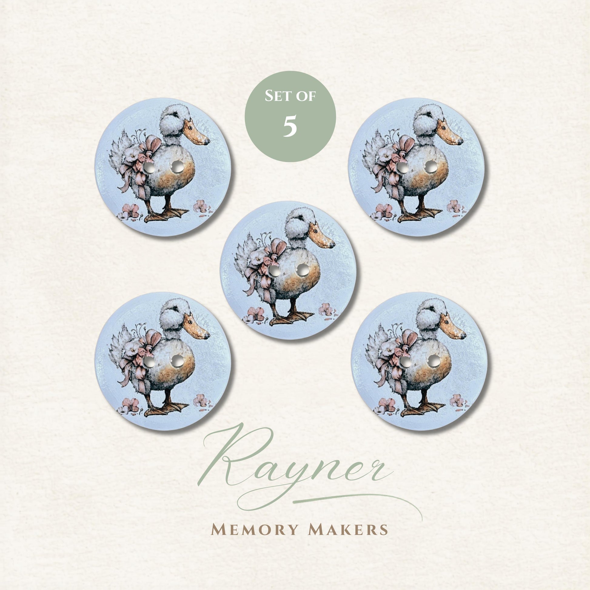 Duck - Bird - Flowers - Wooden Sewing Buttons - Knitting - Personalised Wood Button - Pack of 5